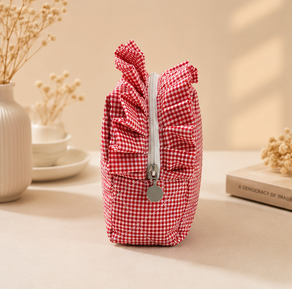 Cherry Red Quilted Gingham Ruffle Pouch