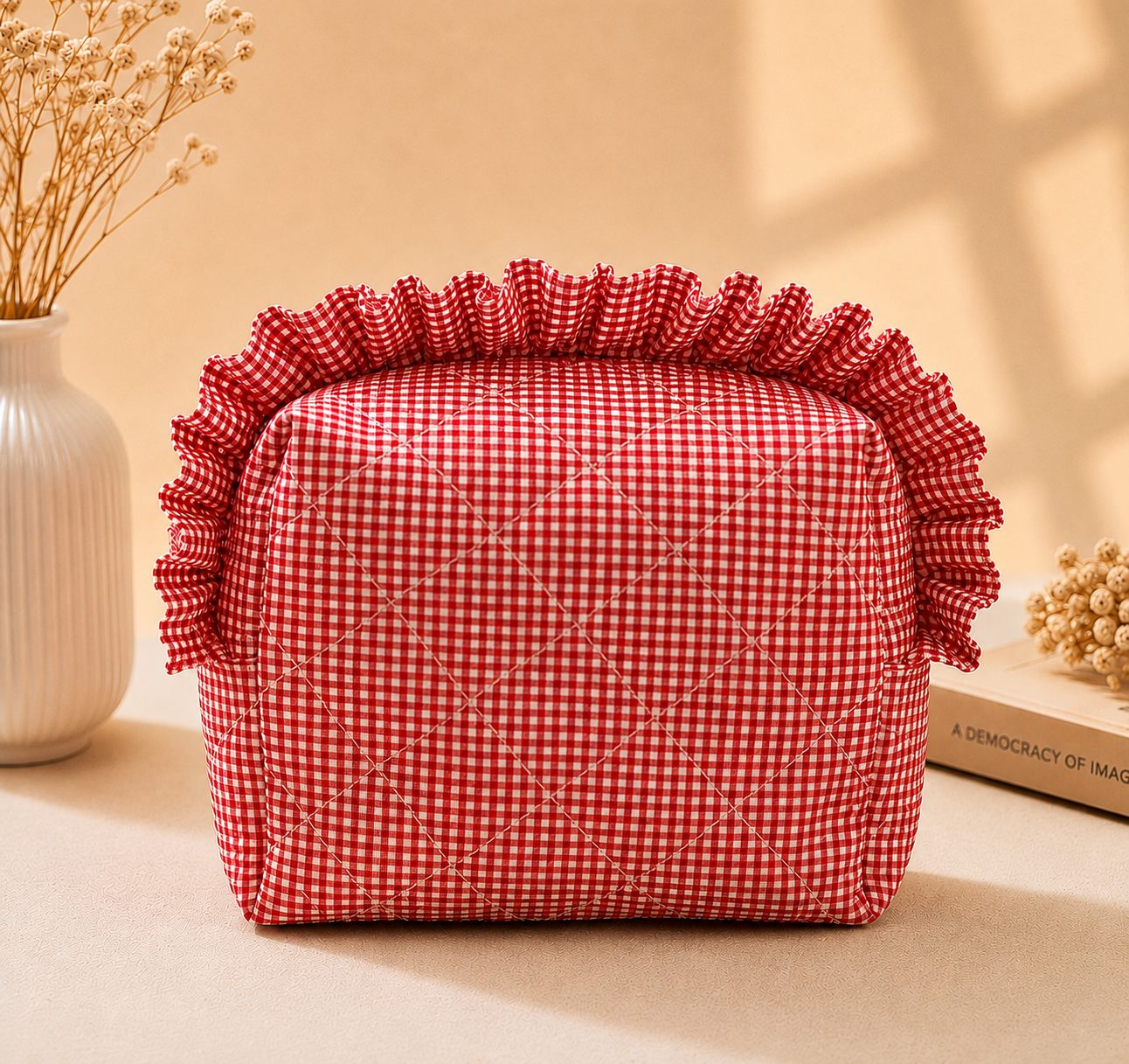 Cherry Red Quilted Gingham Ruffle Pouch