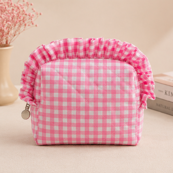 Bubblegum Pink Quilted Gingham Ruffle Pouch