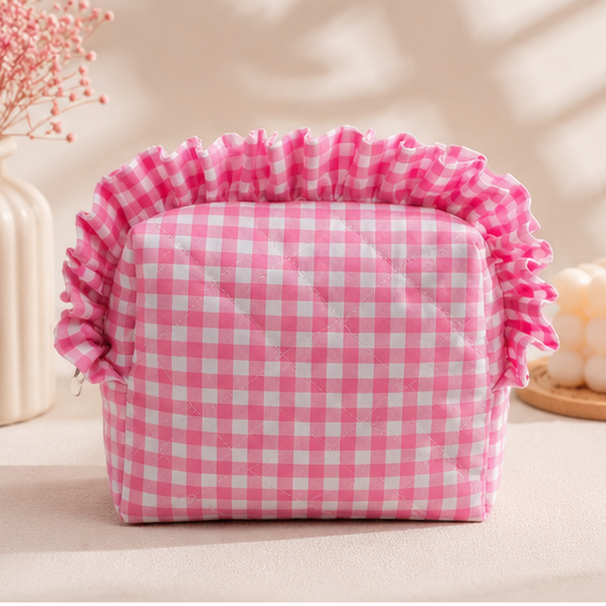 Bubblegum Pink Quilted Gingham Ruffle Pouch