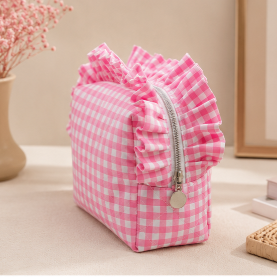 Bubblegum Pink Quilted Gingham Ruffle Pouch