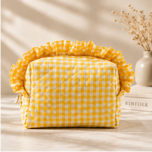 Sunshine Yellow Quilted Gingham Ruffle Pouch